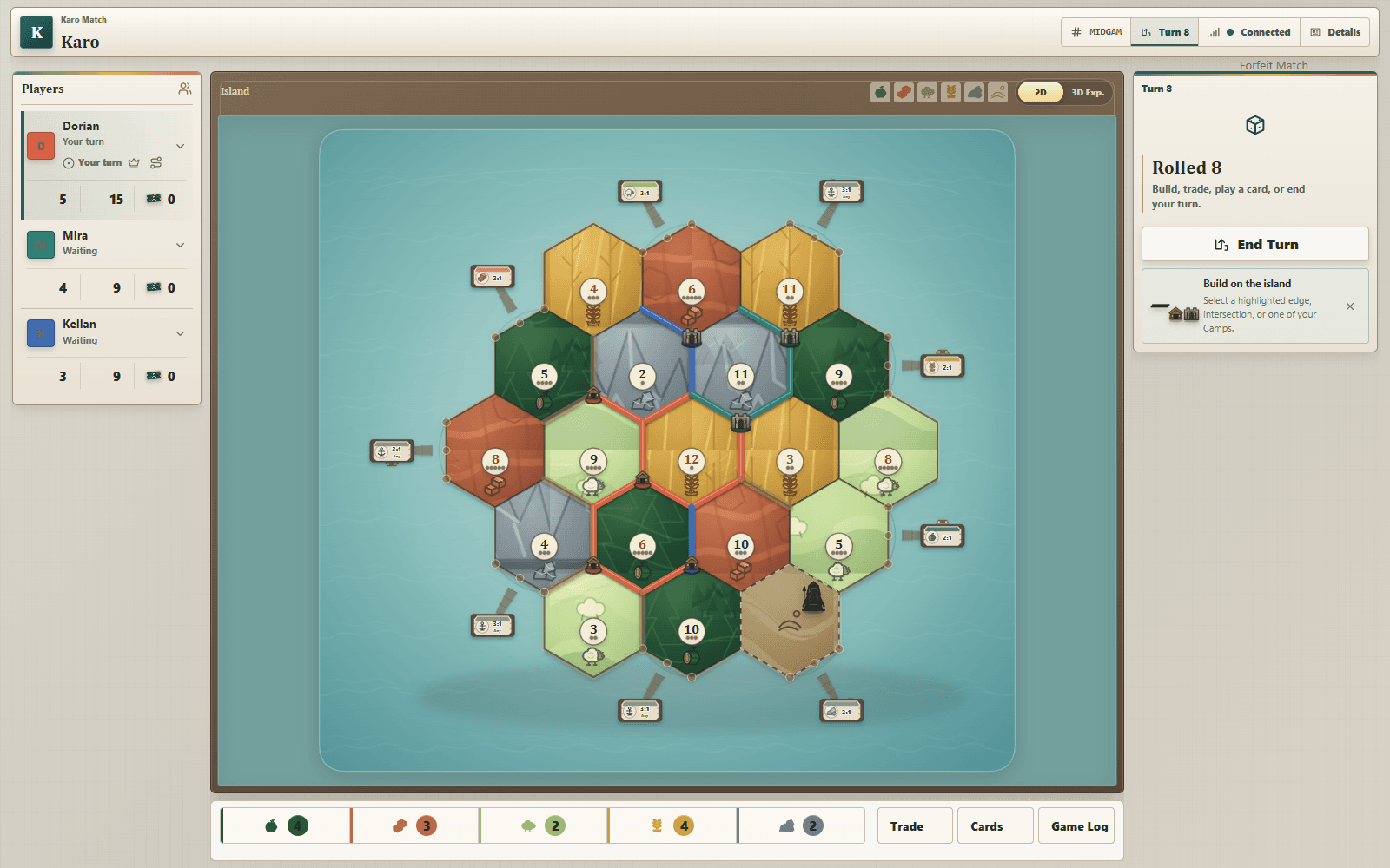 Karo mid-game browser match showing three players, a complete illustrated hex island, Trails, Camps, Strongholds, harbors, the Warden, Victory Points, Supply inventories, and the active turn panel.