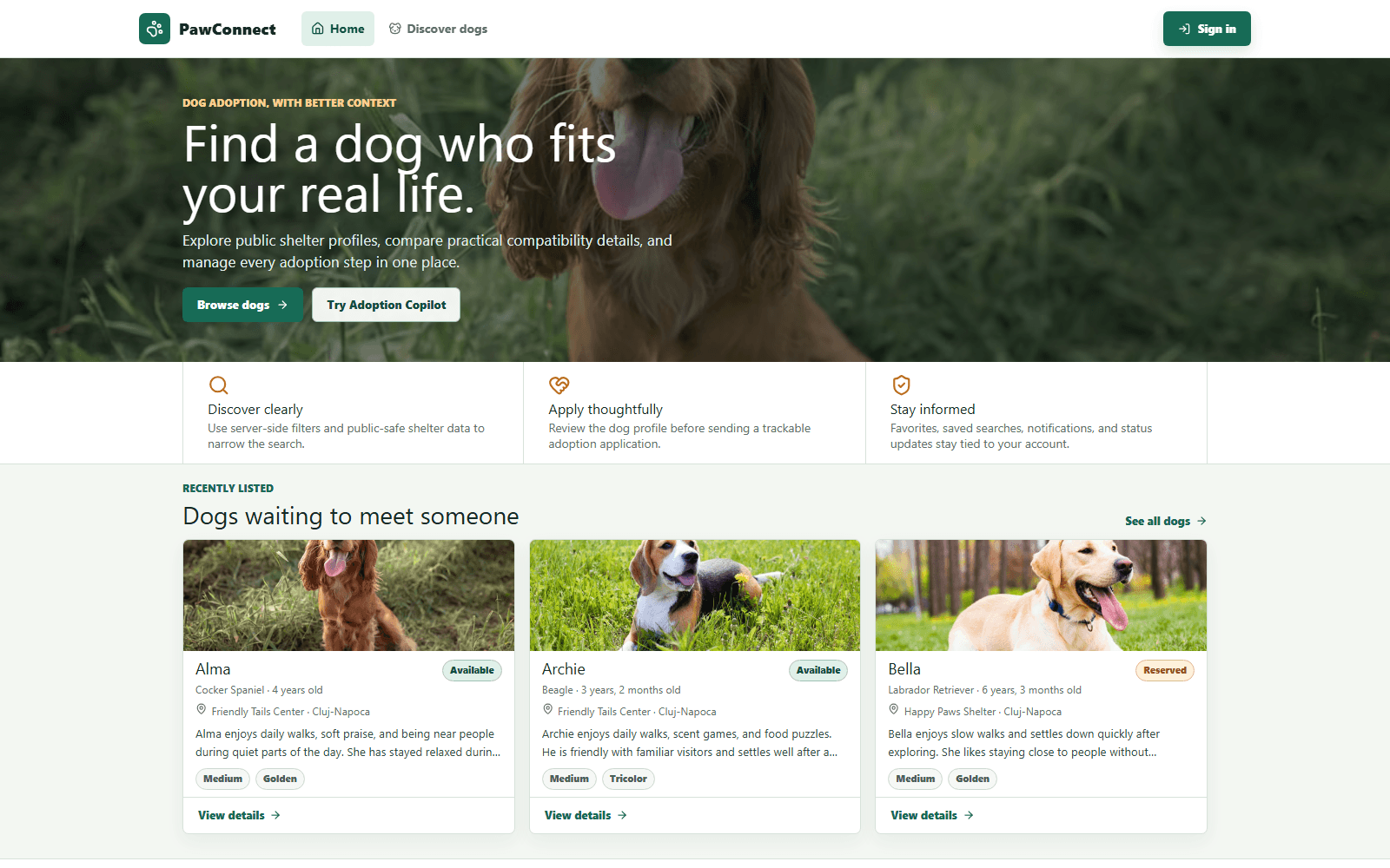 PawConnect React landing page showing a dog-focused hero, Browse Dogs and Adoption Copilot actions, three adopter workflow benefits, and recently listed dogs Alma, Archie, and Bella with complete photographs.