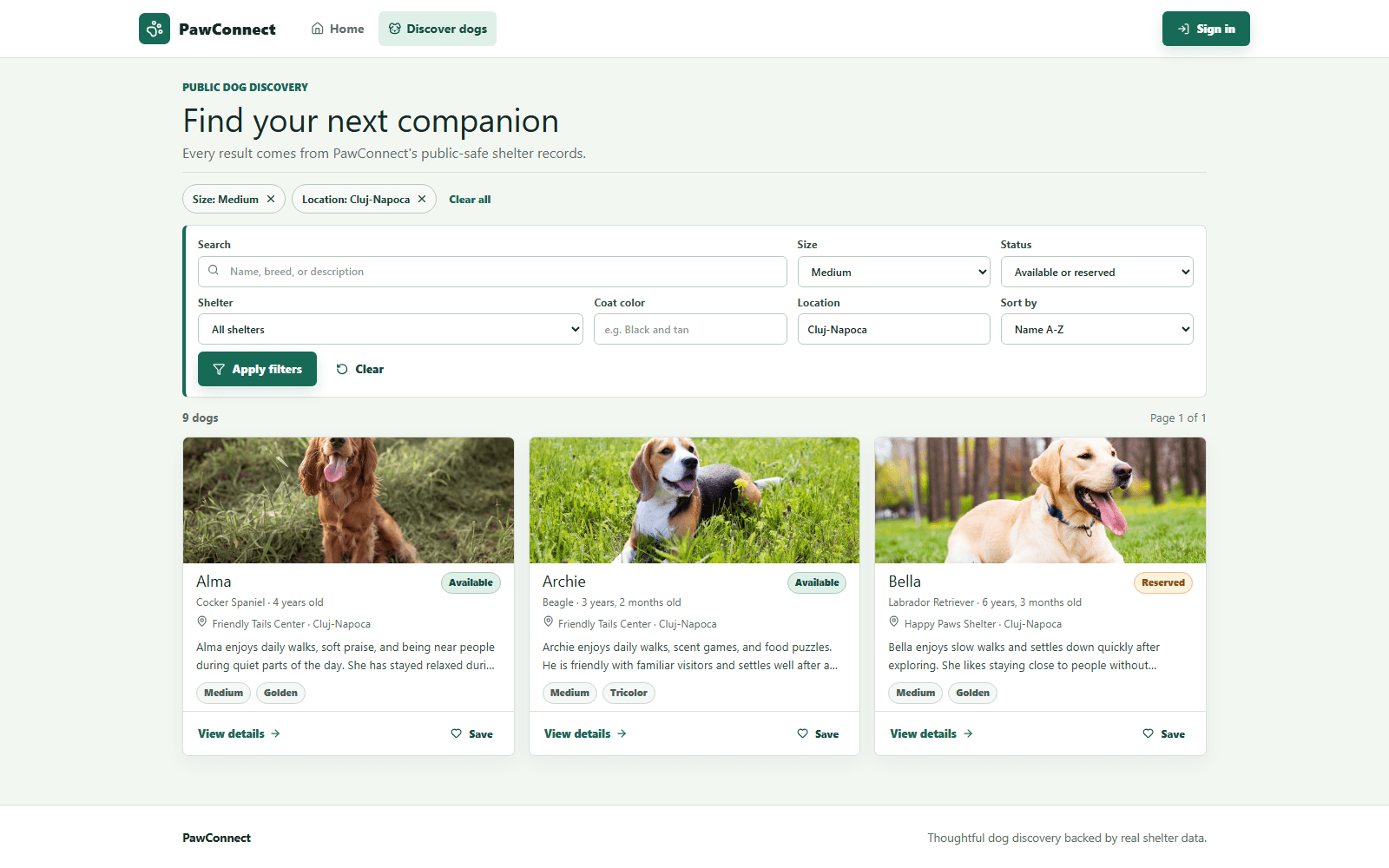PawConnect React dog-discovery page showing active Medium-size and Cluj-Napoca filters, result count, sorting controls, and complete cards for Alma, Archie, and Bella with photographs and statuses.