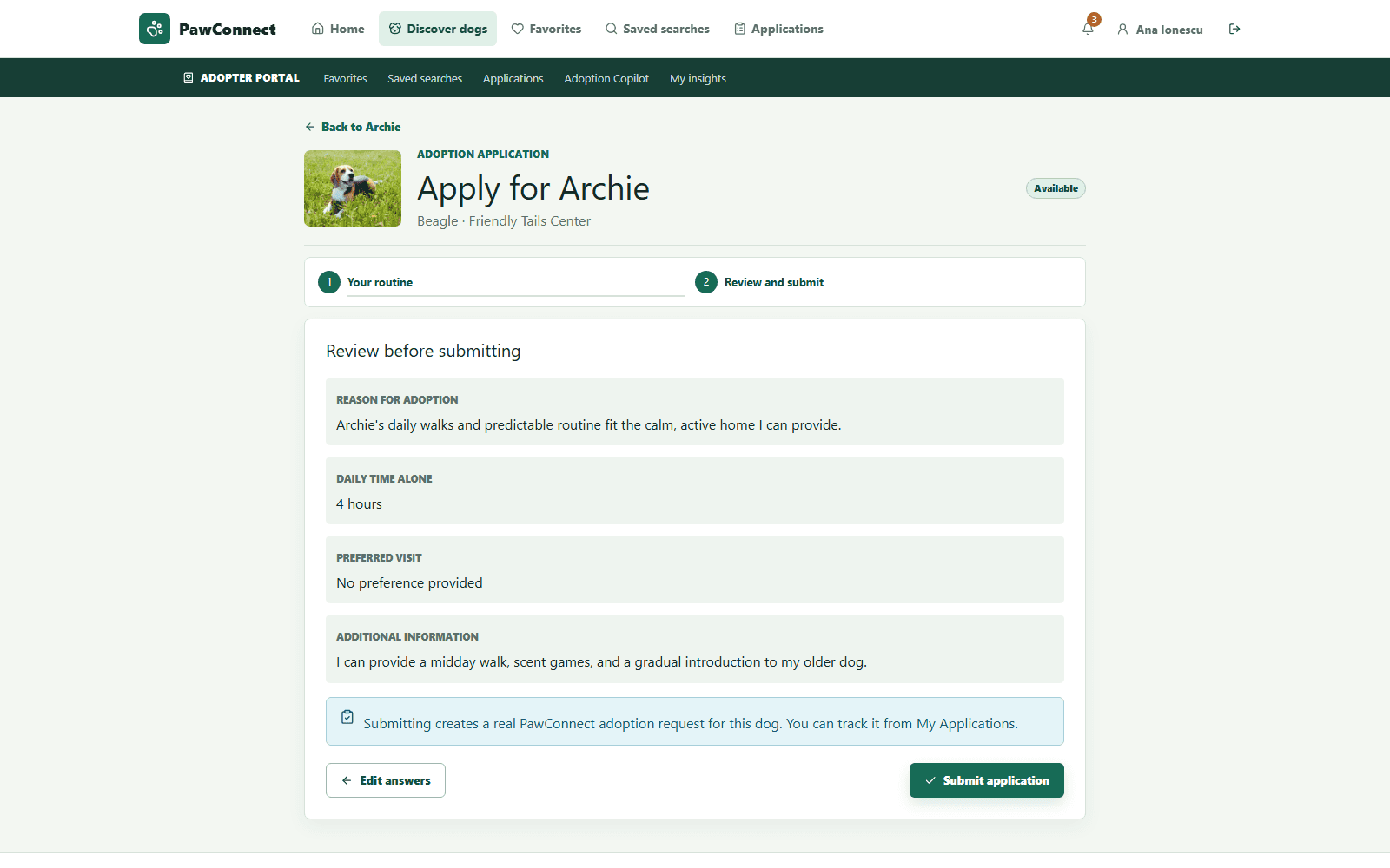 PawConnect React adoption-request review for Archie showing the dog summary, two-step application flow, reason for adoption, time alone, visit preference, additional information, Edit Answers, and Submit Application actions.