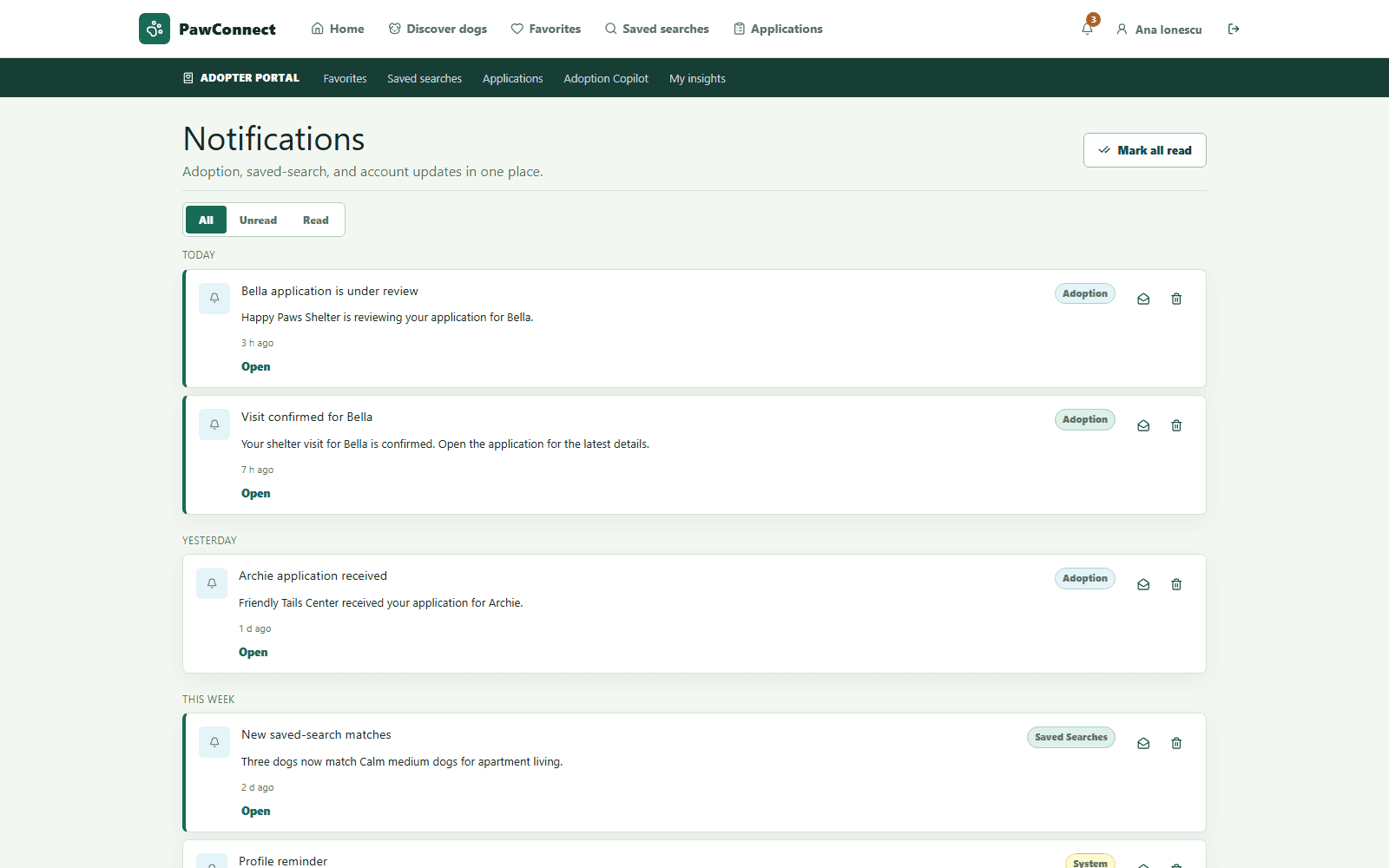PawConnect React notifications page showing grouped updates for Bella and Archie applications, a confirmed visit, saved-search matches, read states, timestamps, and Mark All Read controls.