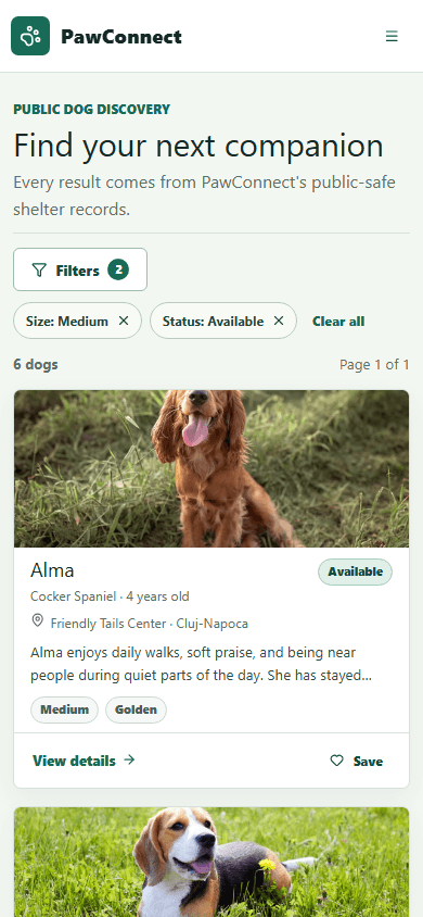 Mobile PawConnect React discovery page at a narrow viewport showing the compact header, Filters action, active Medium and Available chips, a complete Alma dog card, and the beginning of the next result.