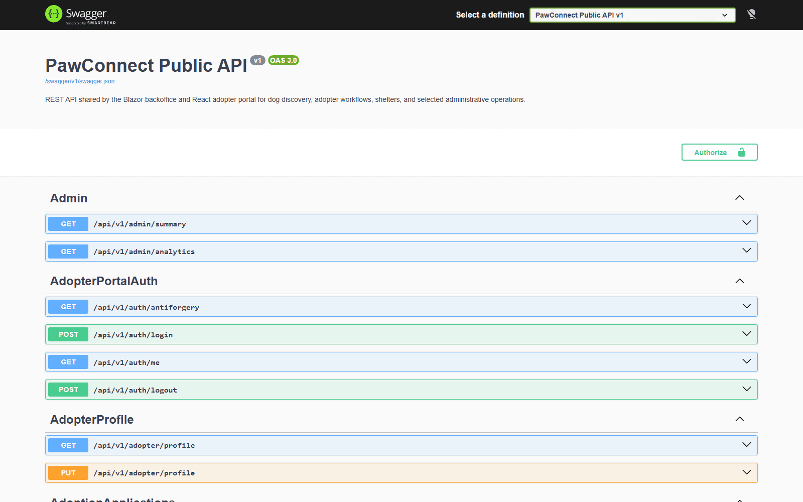 PawConnect Swagger interface showing the shared Public API, Admin endpoints, AdopterPortalAuth antiforgery, login, current-user and logout endpoints, and AdopterProfile operations.