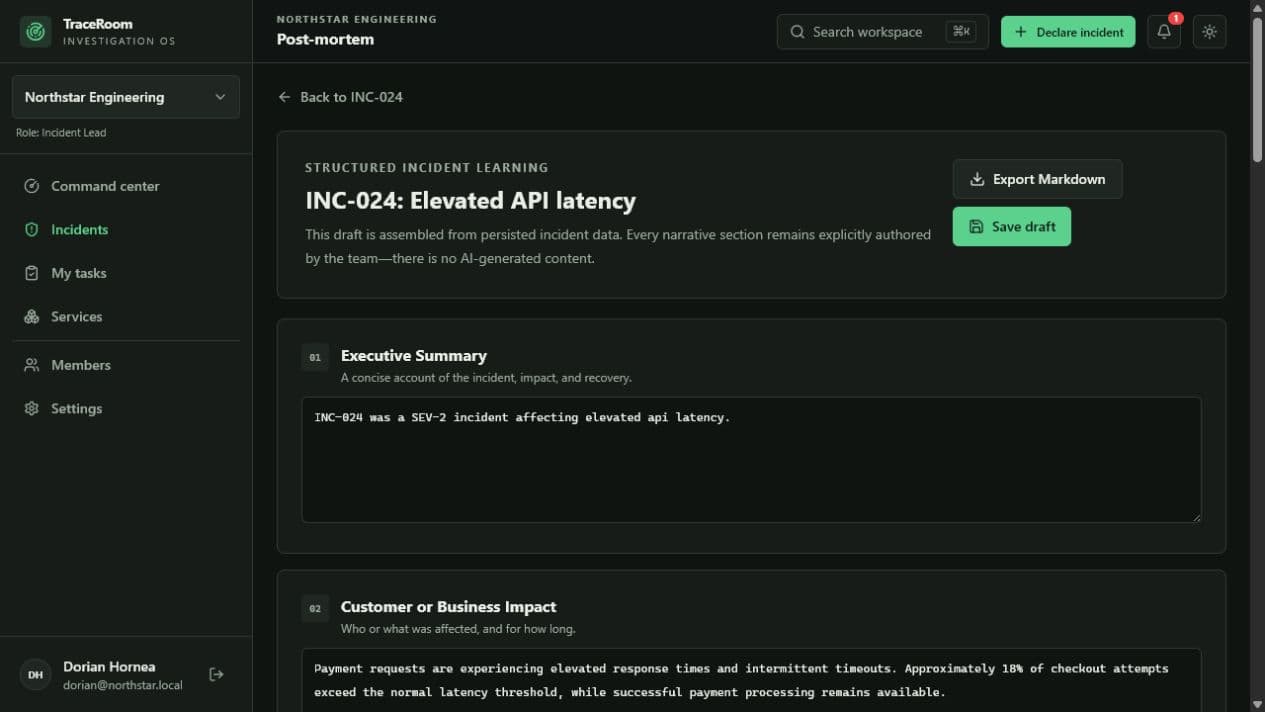 TraceRoom editable post-mortem with structured summary, impact, contributing factors, timeline, action items, and Markdown export.