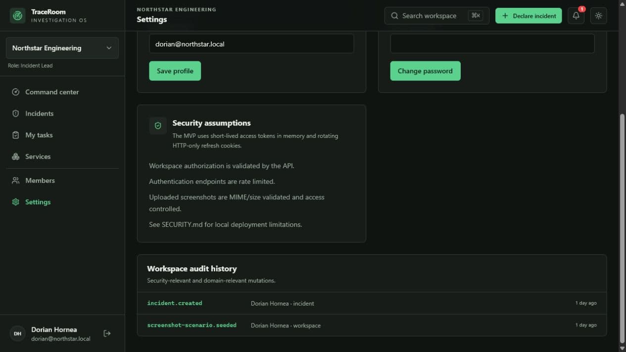 TraceRoom workspace settings showing documented security assumptions and an auditable history of incident and scenario actions.