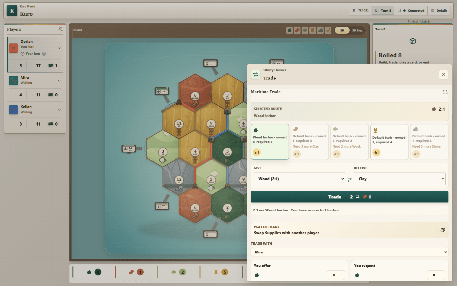 Karo match with the Trade drawer open, showing a two-for-one Wood Harbor route, Give and Receive controls, and direct player-trade options while the board remains visible.
