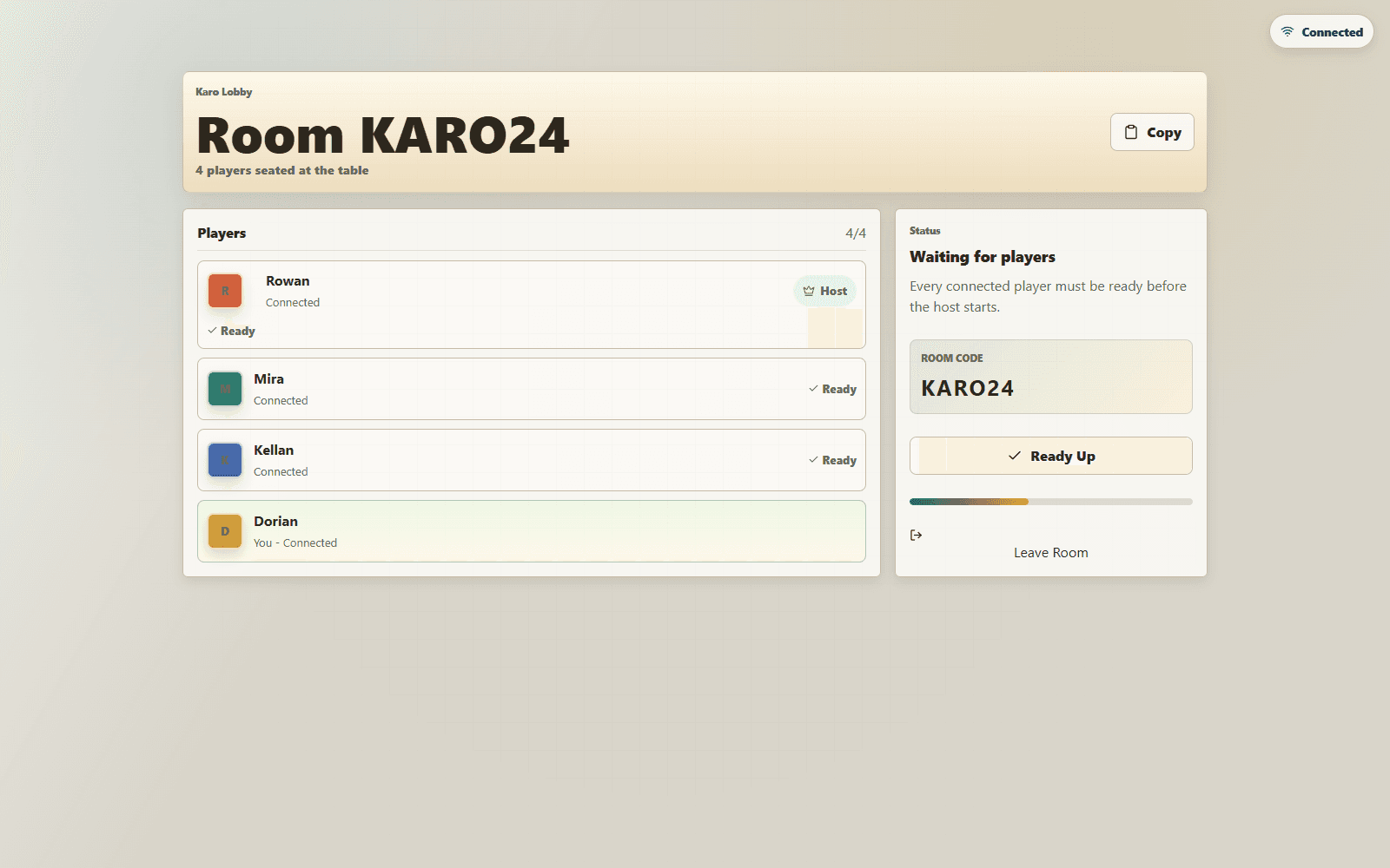 Karo multiplayer lobby showing room code KARO24, four connected players, Host identity, ready states, the current user, a room-copy action, and Ready Up controls before the match starts.