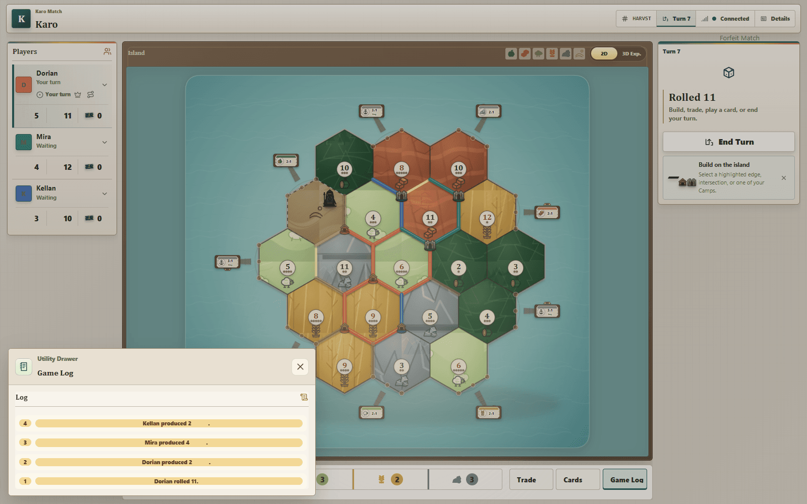 Karo match after a deterministic dice roll with the island visible, updated Supply inventories, and a Game Log showing Supply production entries for multiple players.