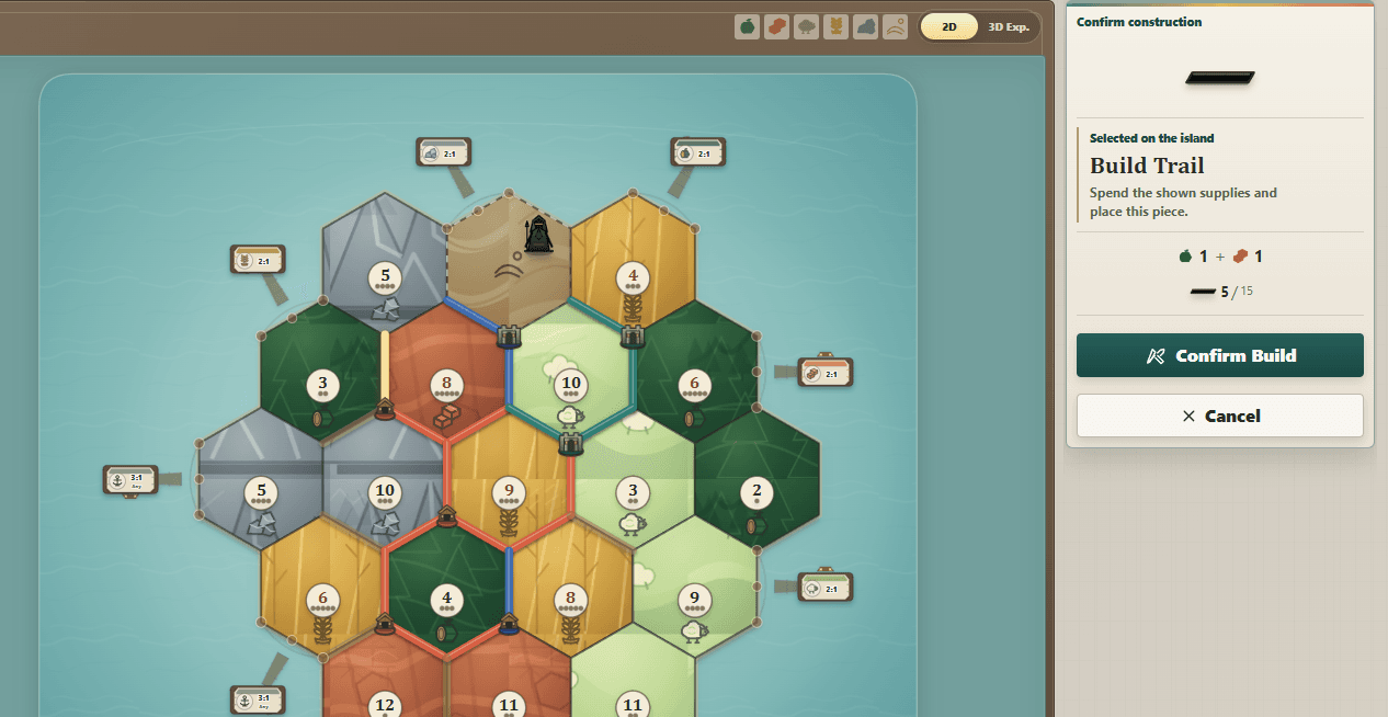 Close Karo board view showing a selected legal Trail edge, an existing player network, Wood and Clay cost, remaining Trail pieces, and a Confirm Build action.