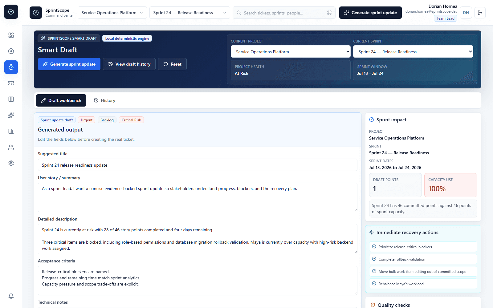 SprintScope Smart Draft workspace showing a local rule-based sprint-update draft, selected project and sprint context, capacity impact, immediate recovery actions, and editable evidence-based content.